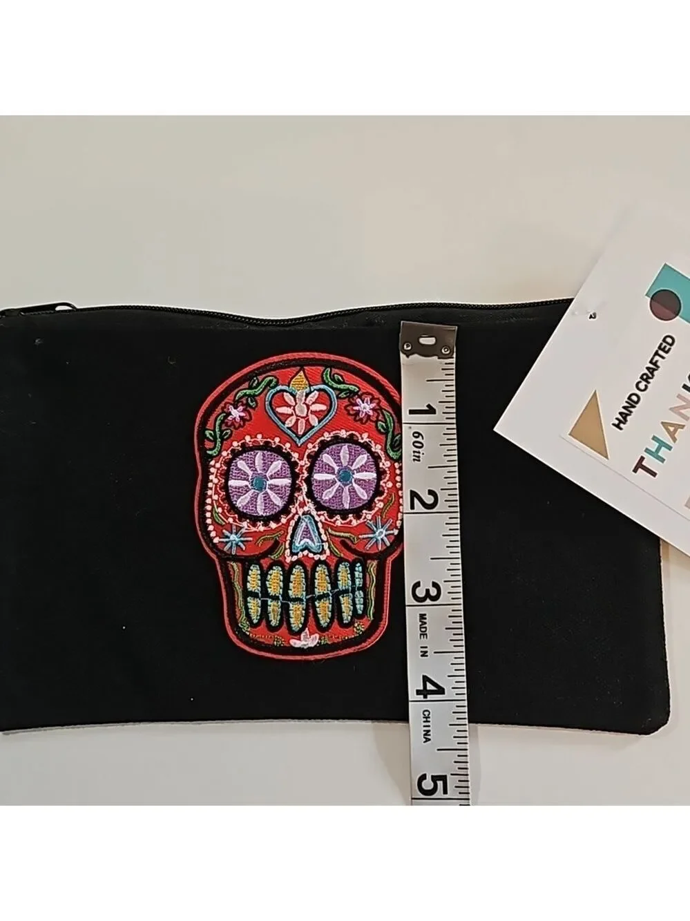 Black Canvas Pencil Case Skull Butterfly Embroidery Zipper Bag Handmade